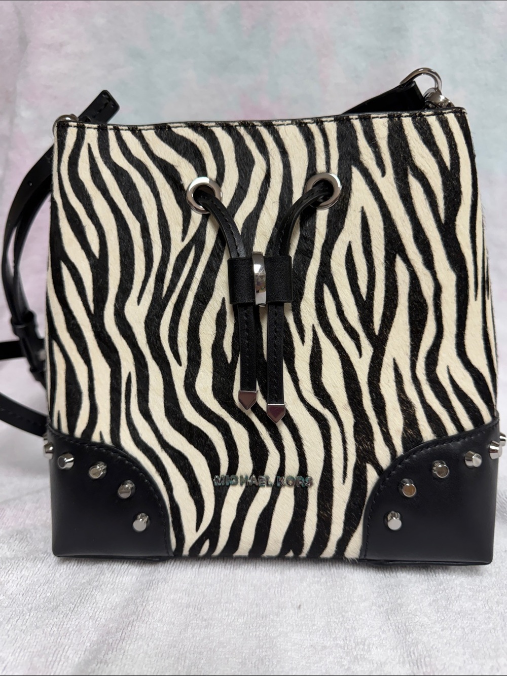 Michael Kors Black & White Zebra-Print Drawstring Crossbody - Picture 1 of 9
